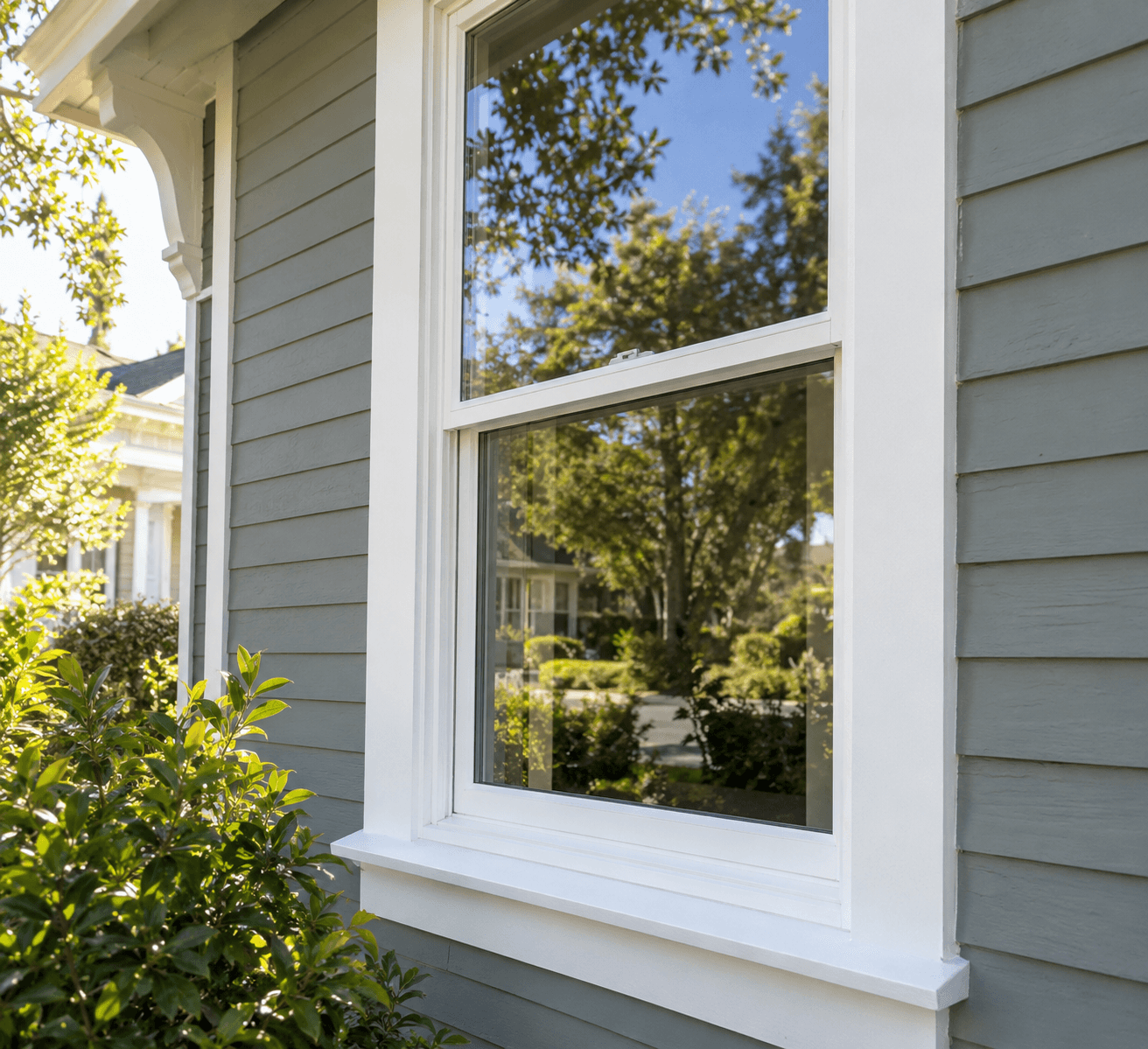 The same window after cleaning, clear glass reflecting trees and a clean sill