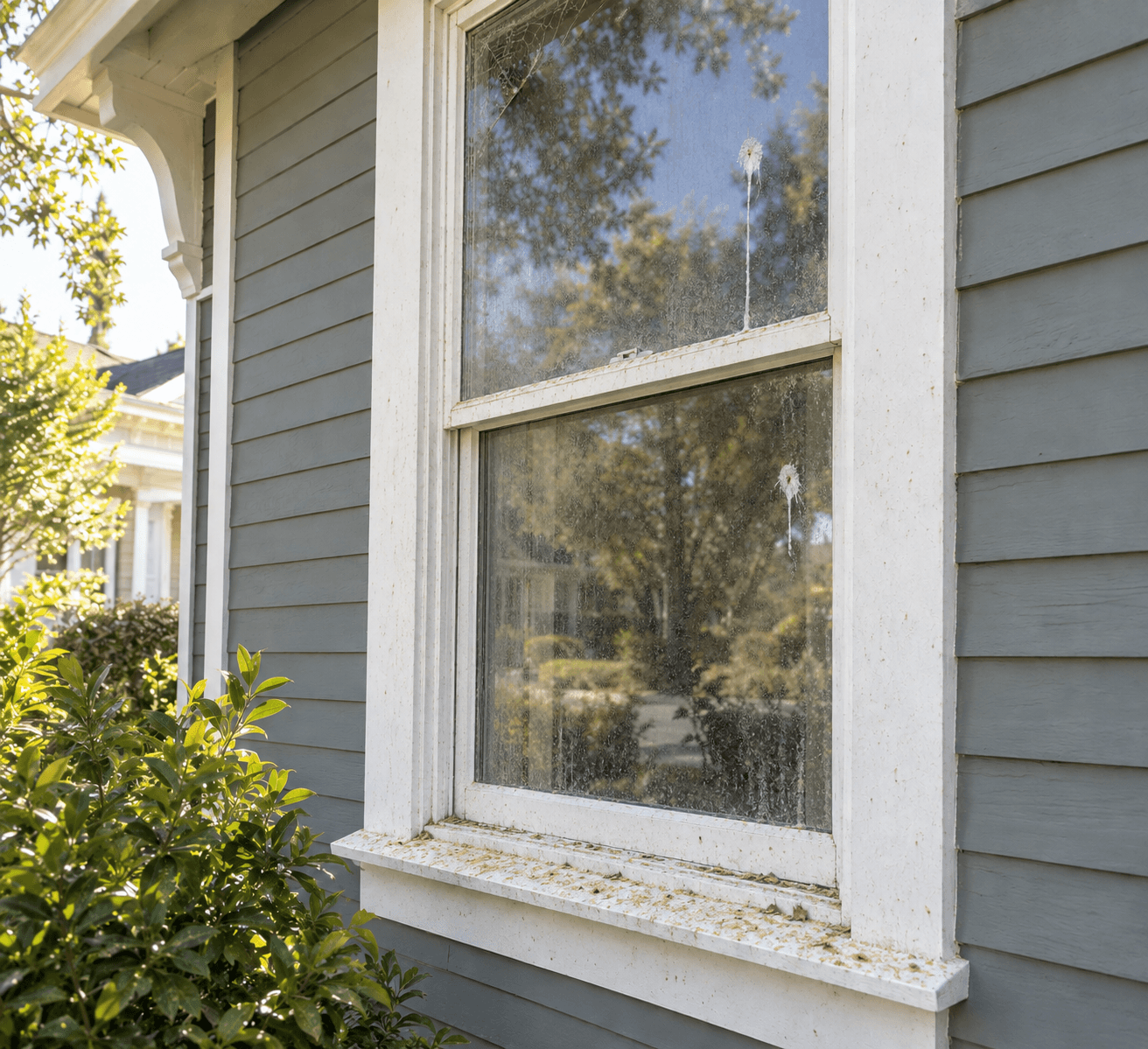 A white trimmed double hung window on a sided house before cleaning, hazy glass and a dirty sill