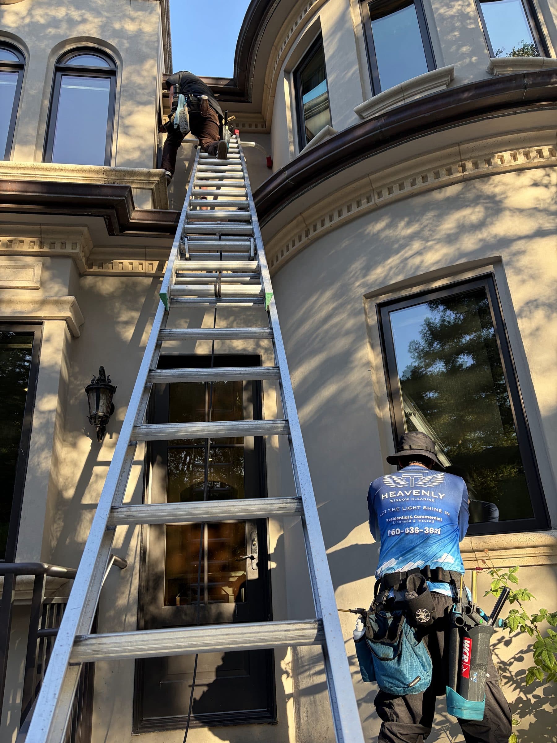 Technician at the foot of an extension ladder against an upper storey window