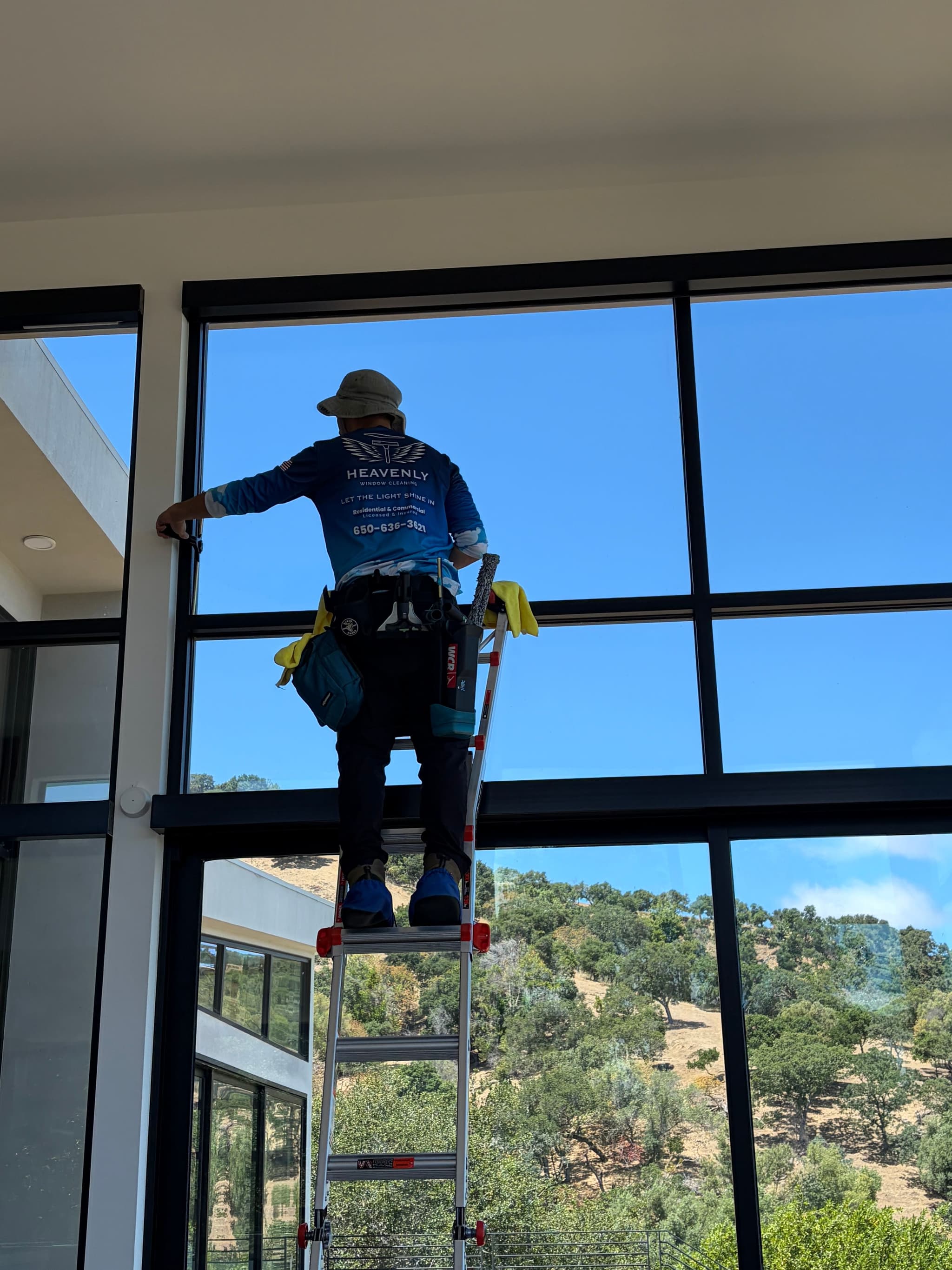 Technician on a ladder cleaning tall divided light windows with many small panes