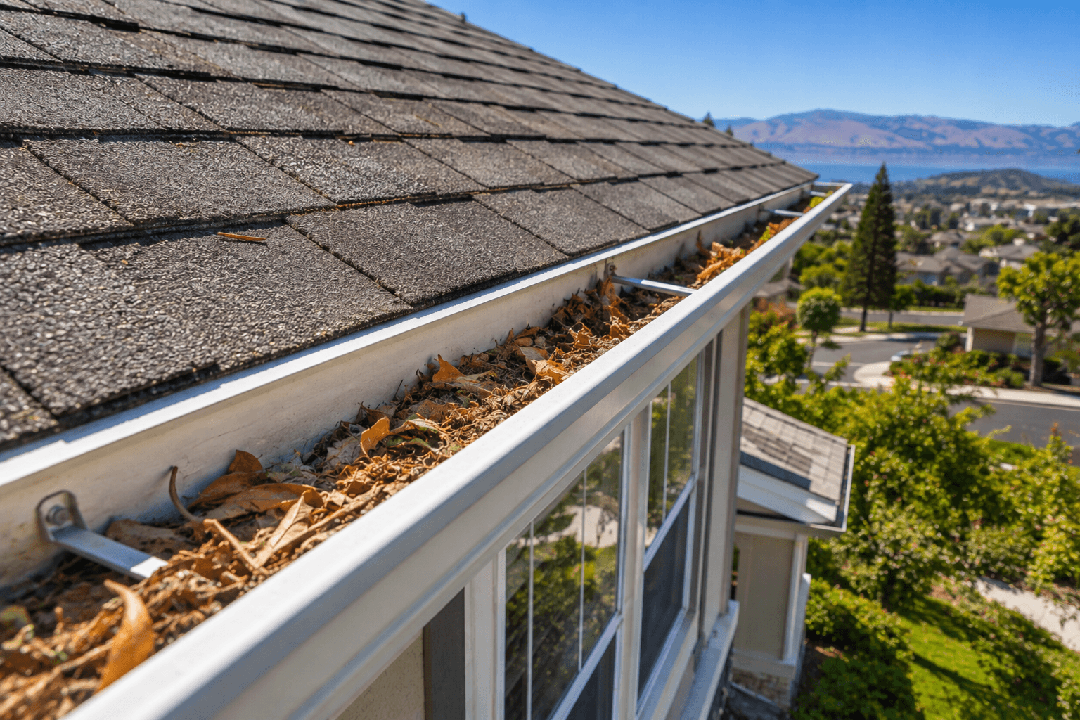 Roof gutter packed with leaf debris before a professional gutter cleaning