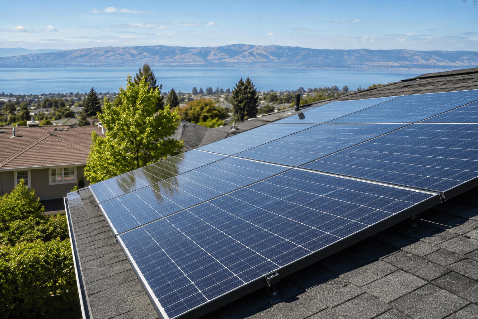 Roof mounted solar array overlooking the Bay after a professional panel cleaning