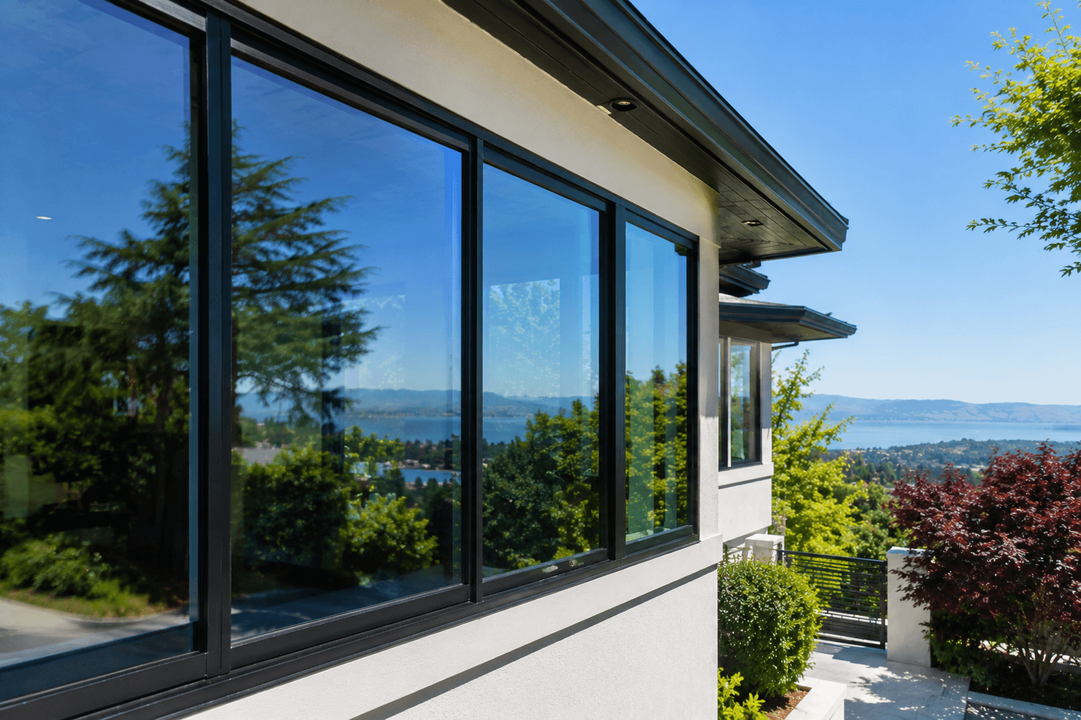 Clean picture windows reflecting trees and an open view after a professional window cleaning